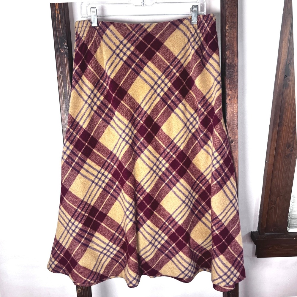 Salon Studio Plaid Midi Skirt Burgundy Tan Wool Blend A-Line Petite Small PS